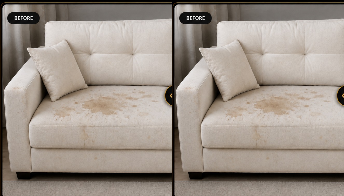 Same white sofa before professional cleaning, with visible stains